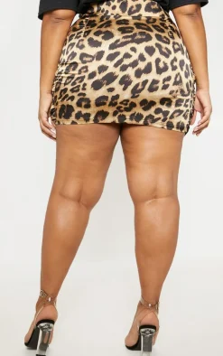 Plus Brown Satin Leopard Print Gathered Mini Skirt