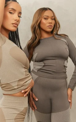 Plus Brown Seamless Contrast Panel Long Sleeve Gym Top