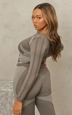 Plus Brown Seamless Contrast Panel Long Sleeve Gym Top