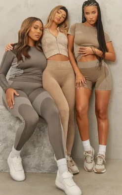 Plus Brown Seamless Contrast Panel Long Sleeve Gym Top