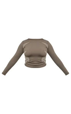 Plus Brown Seamless Contrast Panel Long Sleeve Gym Top