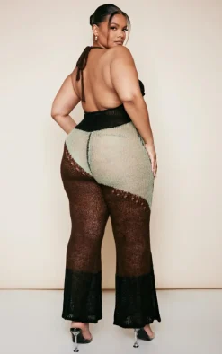 Plus Brown Sheer Knitted Halterneck Flare Leg Jumpsuit