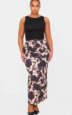 Plus Brown Slinky Cow Print Maxi Skirt