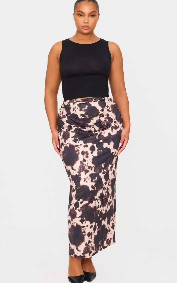 Plus Brown Slinky Cow Print Maxi Skirt