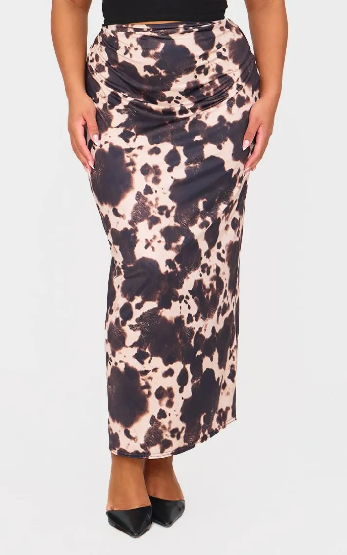 Plus Brown Slinky Cow Print Maxi Skirt
