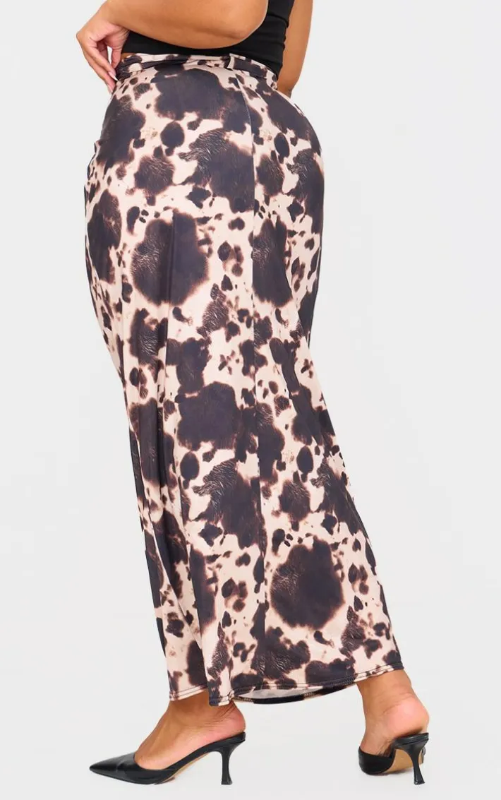 Plus Brown Slinky Cow Print Maxi Skirt