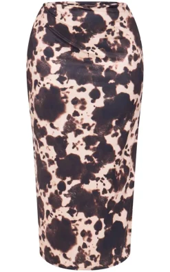 Plus Brown Slinky Cow Print Maxi Skirt