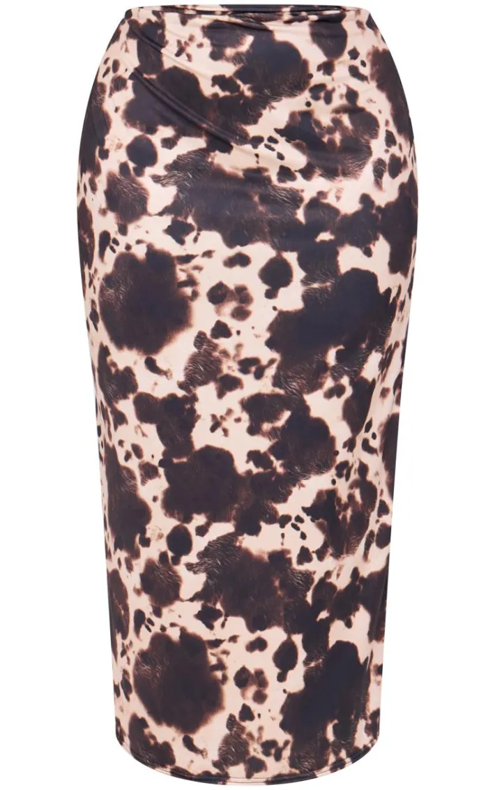 Plus Brown Slinky Cow Print Maxi Skirt