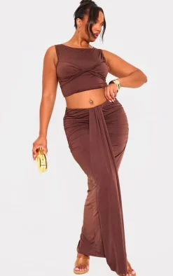 Plus Brown Slinky Drape Detail Maxi Skirt