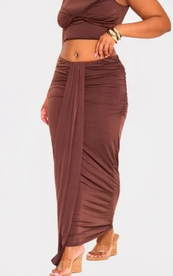 Plus Brown Slinky Drape Detail Maxi Skirt