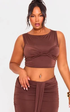 Plus Brown Slinky Sleeveless Crop Top