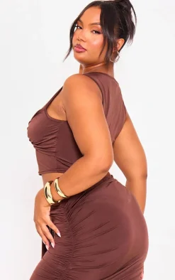 Plus Brown Slinky Sleeveless Crop Top