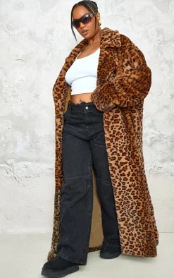 Plus Brown Soft Faux Fur Leopard Print Maxi Coat