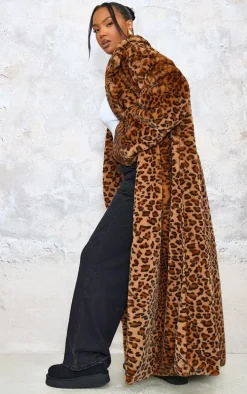 Plus Brown Soft Faux Fur Leopard Print Maxi Coat
