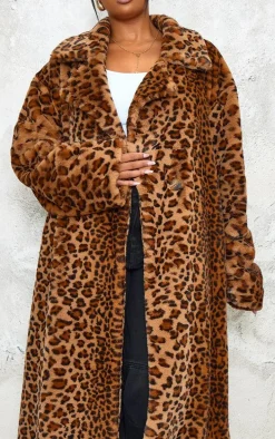 Plus Brown Soft Faux Fur Leopard Print Maxi Coat