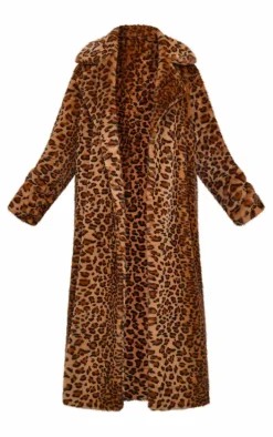 Plus Brown Soft Faux Fur Leopard Print Maxi Coat