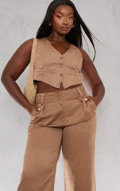 Plus Brown Stripe Tailored Vest