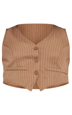 Plus Brown Stripe Tailored Vest