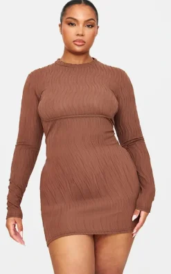 Plus Brown Textured Long Sleeve Bust Seam Detail Mini Dress