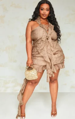 Plus Brown Textured Sheer Lace Up Shift Dress