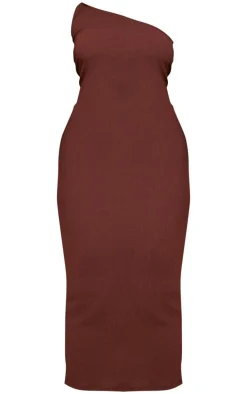 Plus Brown Textured Twist One Shoulder Maxi Dress