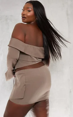 Plus Brown Textured Woven Fold Over Detail Long Sleeve Top