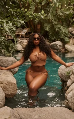 Plus Brown Trim Detail Bandeau Tankini Top