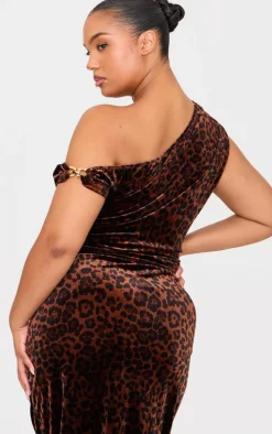 Plus Brown Velvet Animal Print Cowl Neck Top