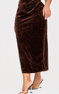 Plus Brown Velvet Animal Print Midi Skirt