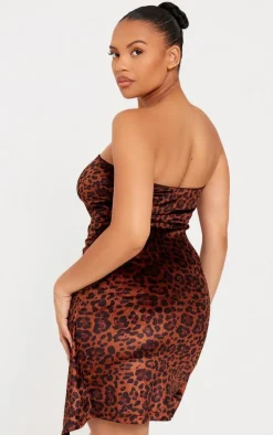 Plus Brown Velvet Leopard Knot Detail Bandeau Mini Dress