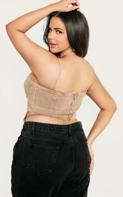 Plus Brown Washed Denim Dipped Hem Corset Top