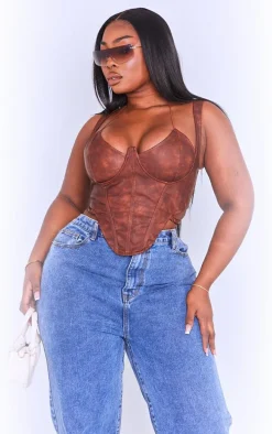 Plus Brown Washed Faux Leather Cross Halterneck Dip Hem Corset