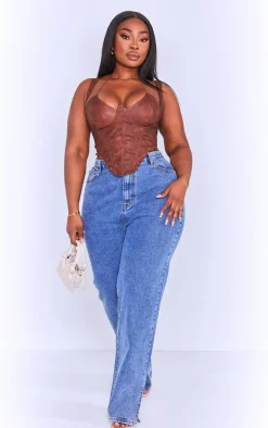 Plus Brown Washed Faux Leather Cross Halterneck Dip Hem Corset