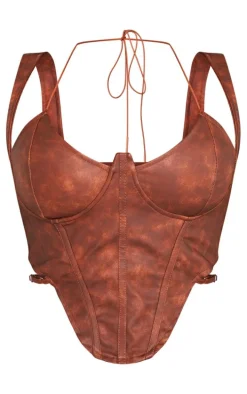 Plus Brown Washed Faux Leather Cross Halterneck Dip Hem Corset