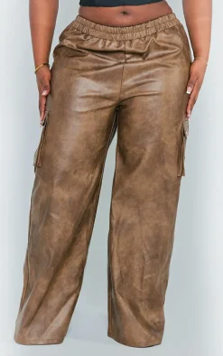 Plus Brown Washed Faux Leather Wide Leg High Waisted Cargo Pants