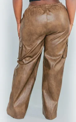 Plus Brown Washed Faux Leather Wide Leg High Waisted Cargo Pants