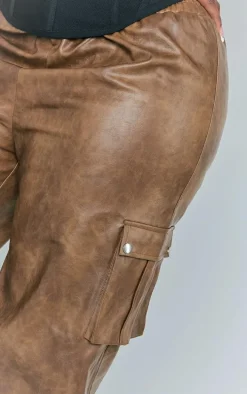 Plus Brown Washed Faux Leather Wide Leg High Waisted Cargo Pants