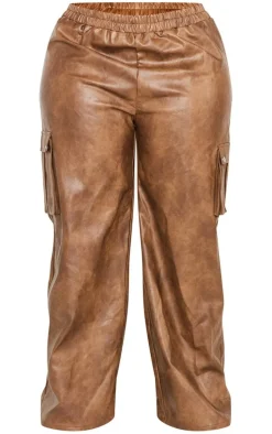 Plus Brown Washed Faux Leather Wide Leg High Waisted Cargo Pants