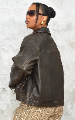 Plus Brown Washed Faux Leather Pocket Detail Bomber Jacket