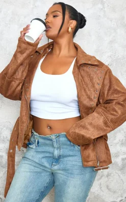 Plus Brown Washed Faux Leather Hardware Detail Belted Jacket