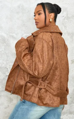 Plus Brown Washed Faux Leather Hardware Detail Belted Jacket