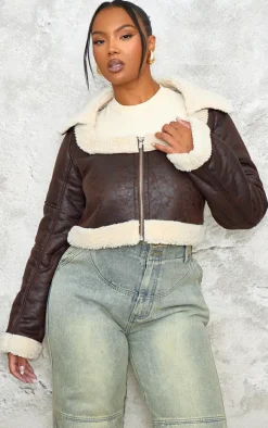 Plus Brown Washed Faux Leather Borg Trim Detail Crop Jacket