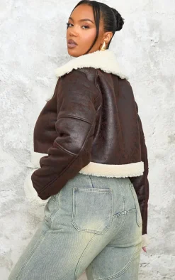Plus Brown Washed Faux Leather Borg Trim Detail Crop Jacket