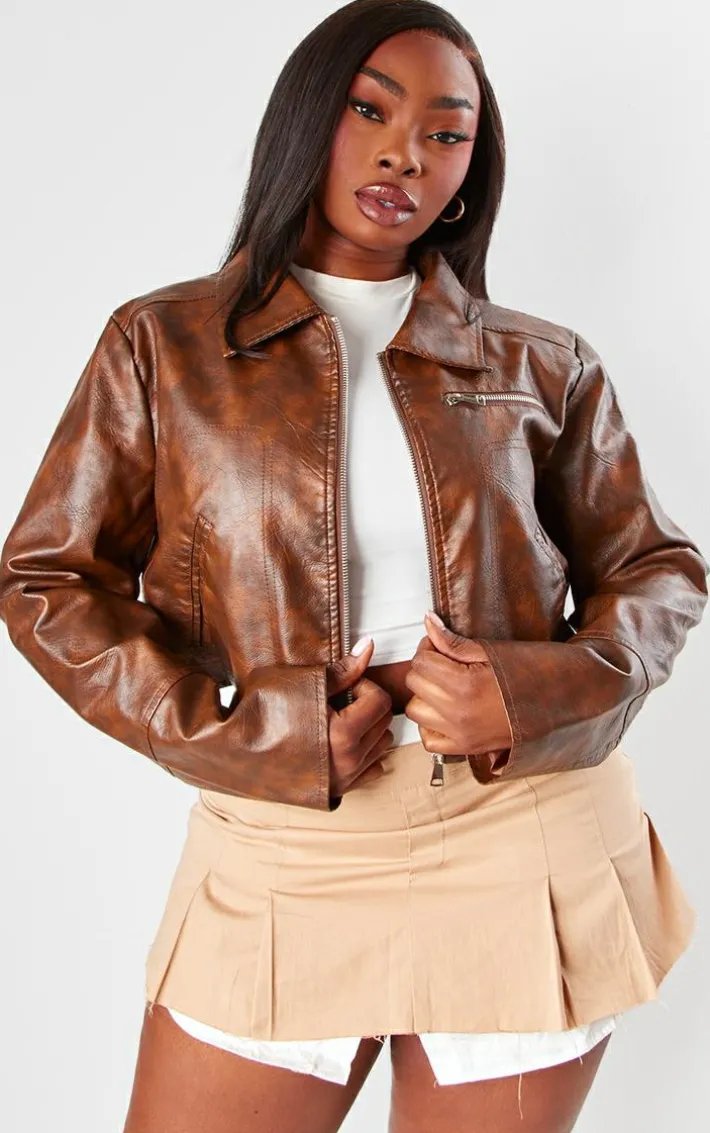 Plus Brown Washed Faux Leather Zip Detail Cropped Jacket