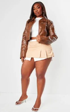Plus Brown Washed Faux Leather Zip Detail Cropped Jacket