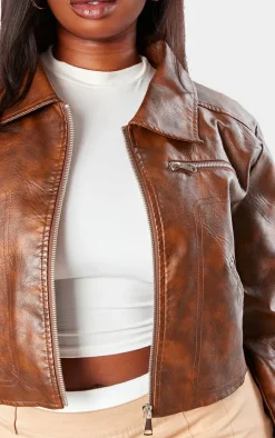 Plus Brown Washed Faux Leather Zip Detail Cropped Jacket