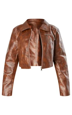 Plus Brown Washed Faux Leather Zip Detail Cropped Jacket