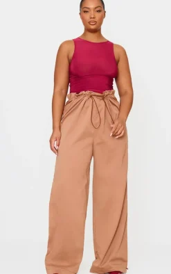 Plus Brown Woven Drawstring Waistband Straight Leg Pants