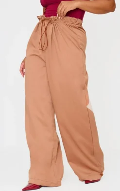 Plus Brown Woven Drawstring Waistband Straight Leg Pants