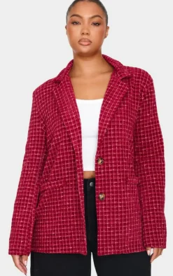 Plus Burgundy Boucle Check Blazer
